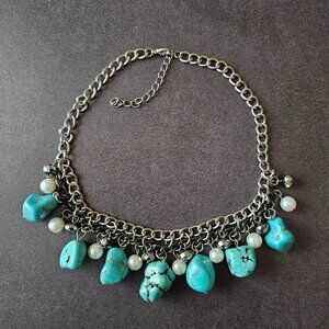 Howlite Turquoise Faux Pearl Silver Tone Necklace 18" adjustable